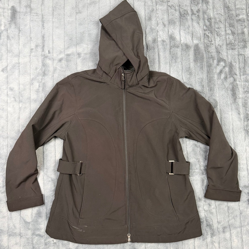 Free Country Womens Large Brown Softshell Hooded Jacket Faux Fur Lined Full Zip